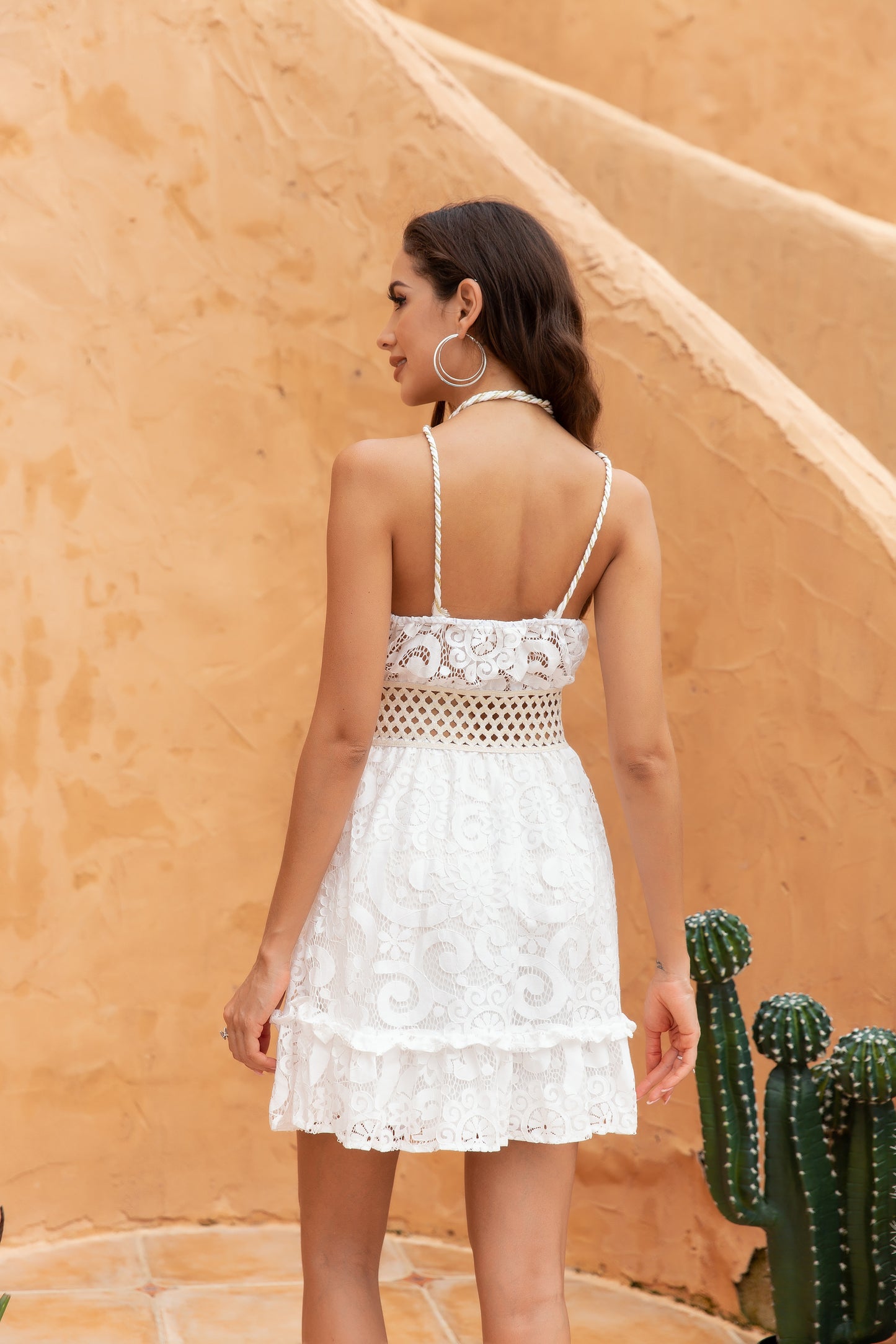 Women V-Neck Sleeveless Thin Straps Backless Lace Embroidery Dresses