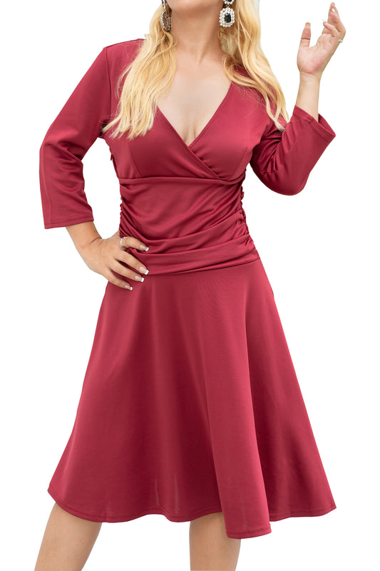 Women's 3/4 Sleeve V Neck Ruched Waist A-line Midi Dress