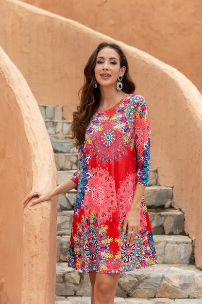 Women's Bateau Neck 3/4 Sleeves A-Line Dress with Exposed Pocket