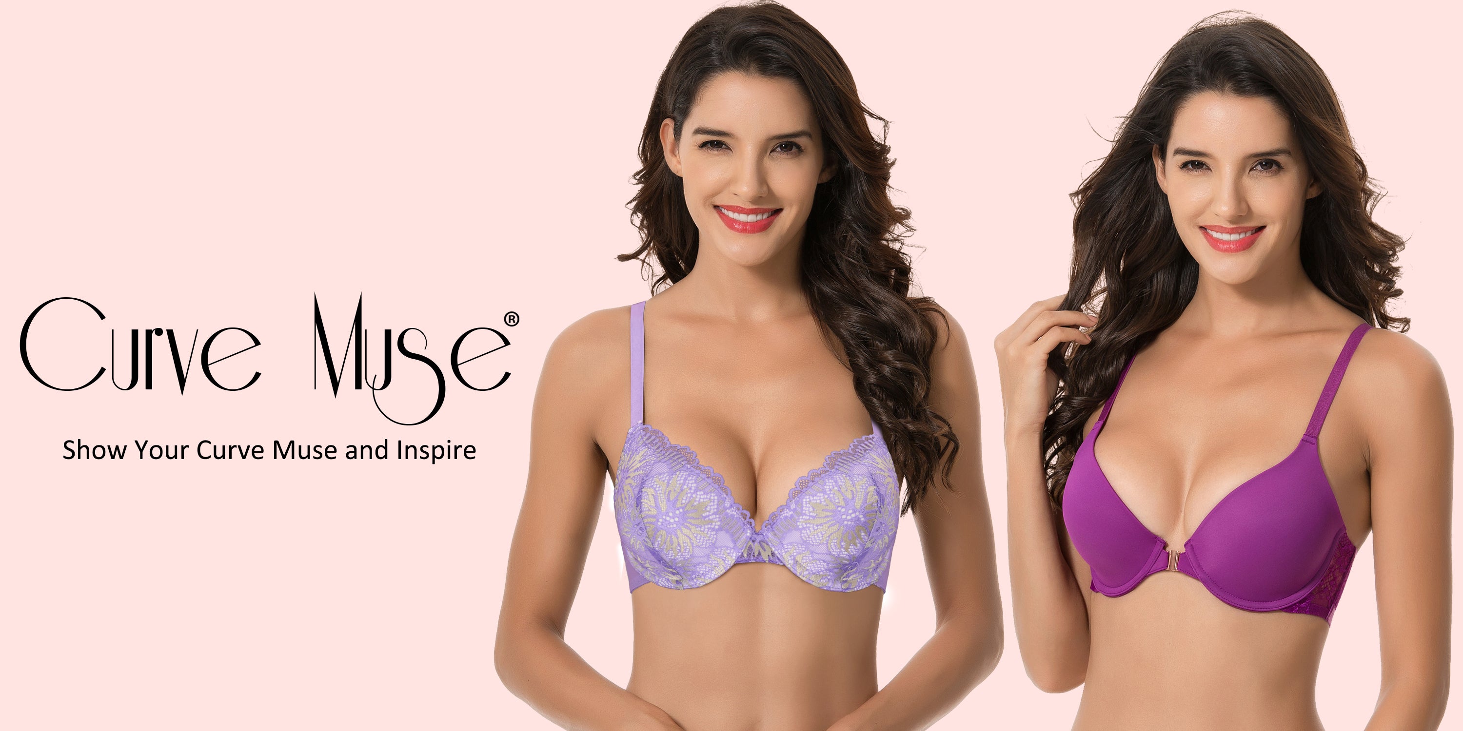 Curve Muse Women's Light Lift Add 1 Cup Push Up Underwire Convertible  Tshirt Bra-2PK-LT GRAY,PINK-48C
