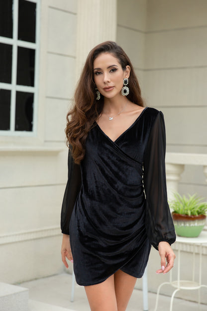 Women Asymmetrical Velvet V-Neck Sheer Chiffon Sleeve Mini Dresses