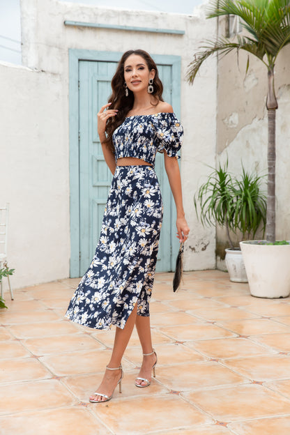 Women Floral Short Sleeve Crop Top and Long Skirt 2 Piece Set
