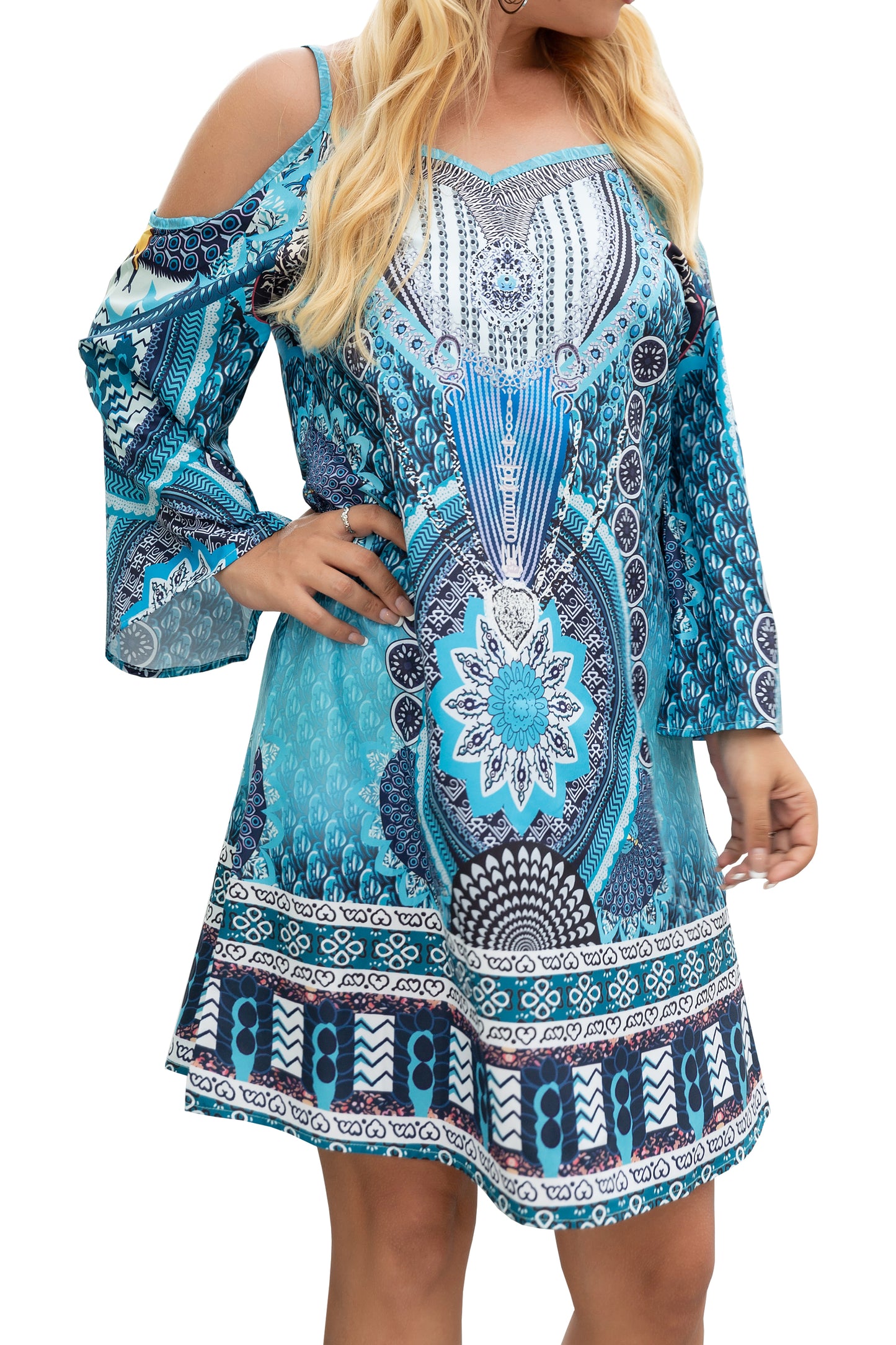 Women's Mosaic Printed Cold Shoulder Tunic Dress Bell Sleeve