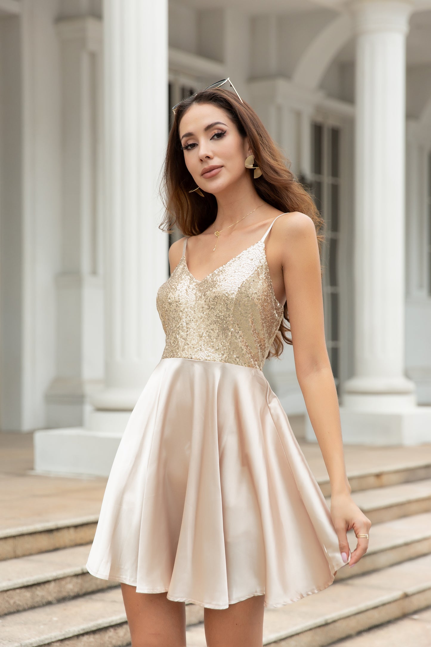 Women Sequin Deep V Neck Spaghetti Strap Bareback Mini Party Dress