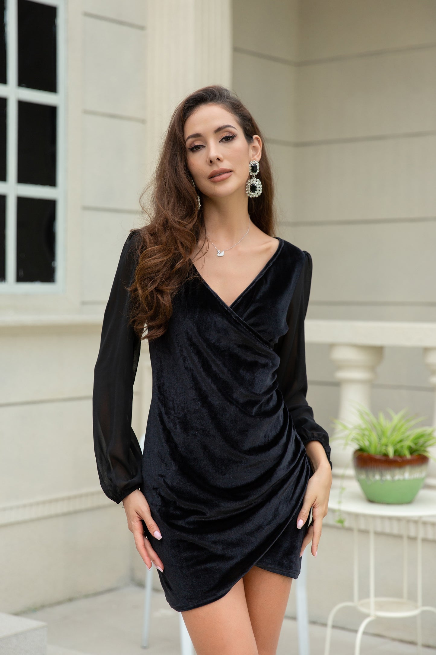 Women Asymmetrical Velvet V-Neck Sheer Chiffon Sleeve Mini Dresses