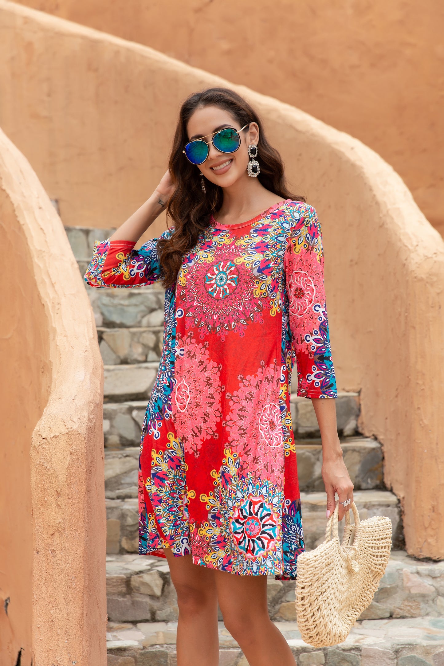 Women's Bateau Neck 3/4 Sleeves A-Line Dress with Exposed Pocket