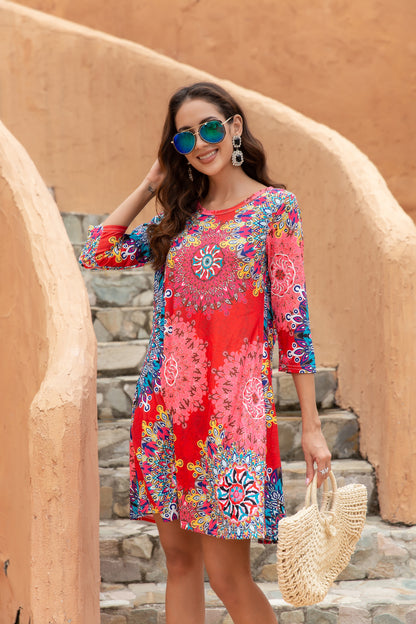 Women's Bateau Neck 3/4 Sleeves A-Line Dress with Exposed Pocket