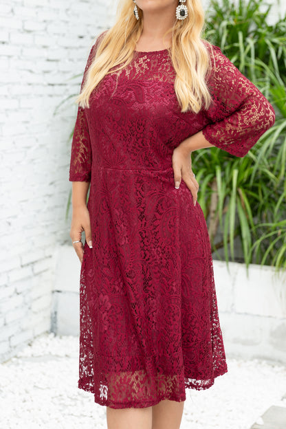 Women's Plus Size Floral Lace 3/4 Sleeve Round Neck Dress