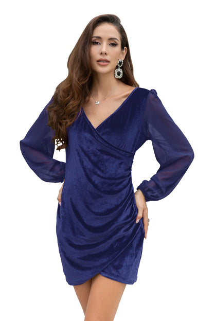 Women Asymmetrical Velvet V-Neck Sheer Chiffon Sleeve Mini Dresses