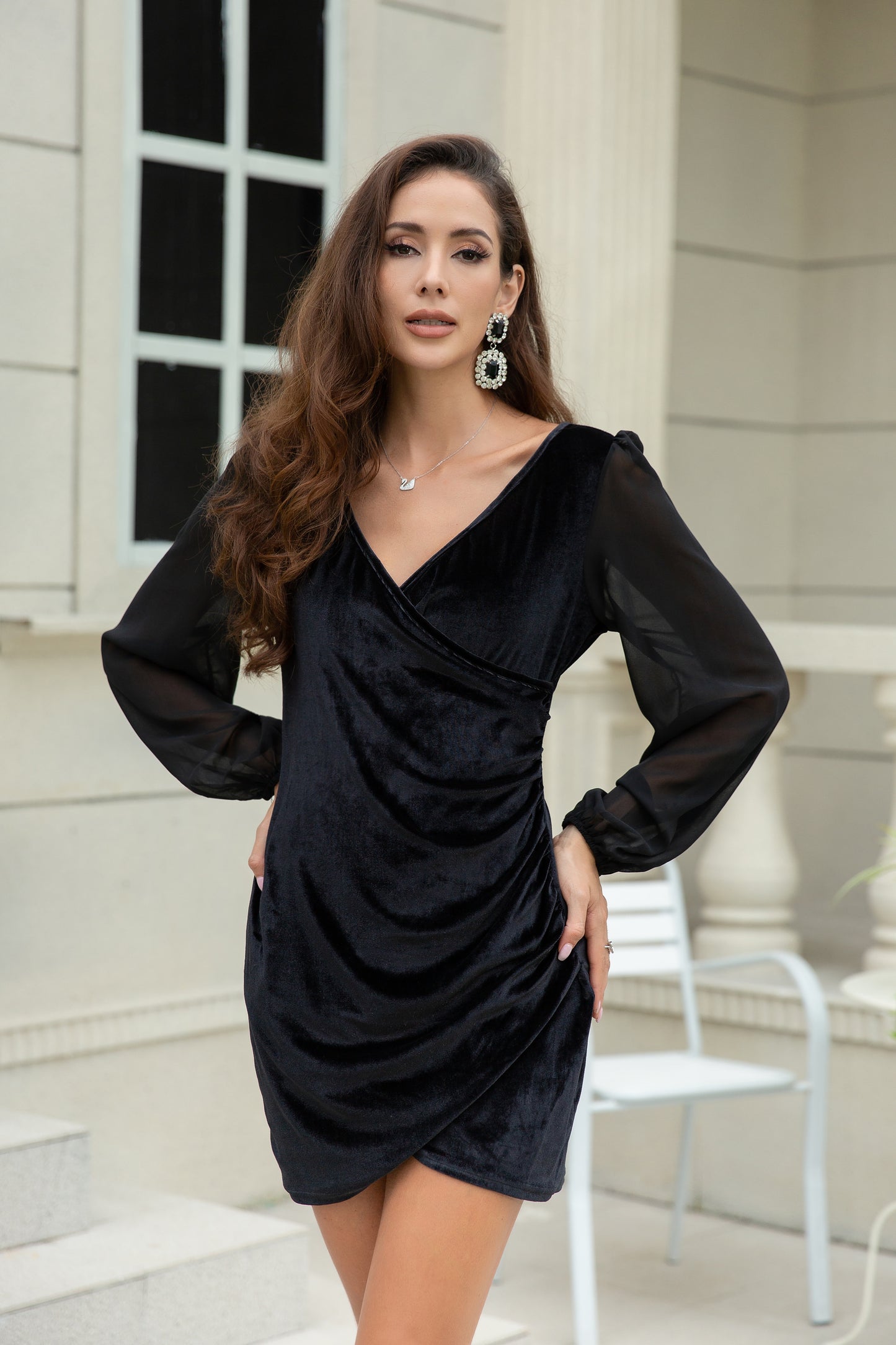 Women Asymmetrical Velvet V-Neck Sheer Chiffon Sleeve Mini Dresses