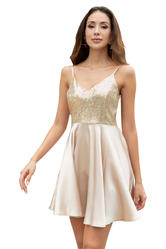 Women Sequin Deep V Neck Spaghetti Strap Bareback Mini Party Dress