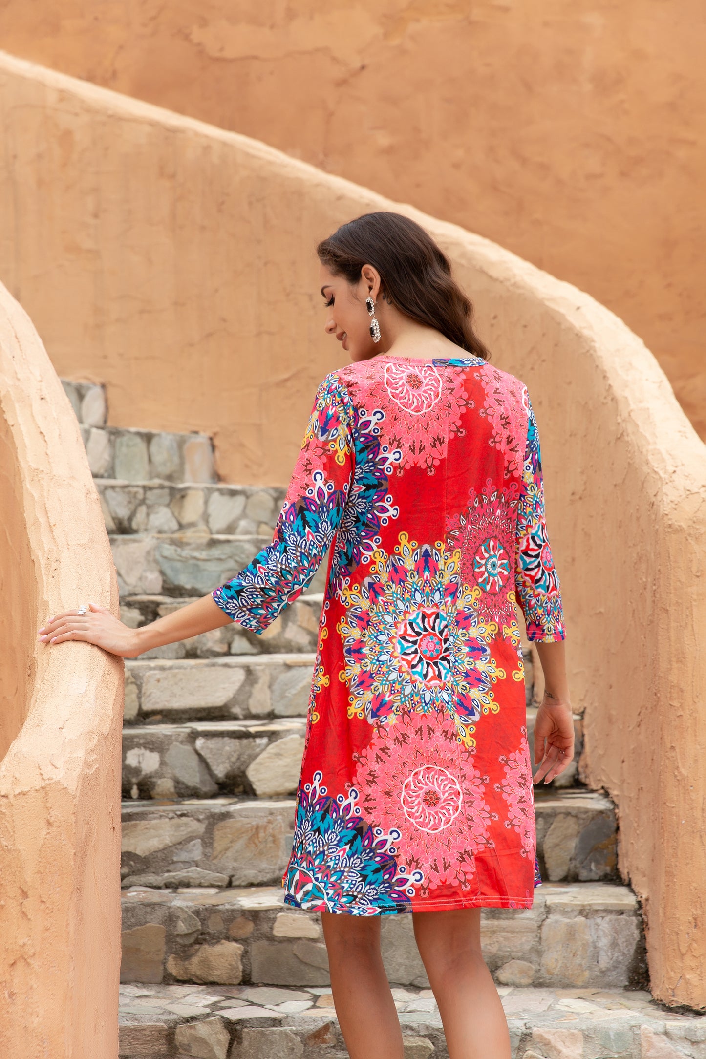 Women's Bateau Neck 3/4 Sleeves A-Line Dress with Exposed Pocket