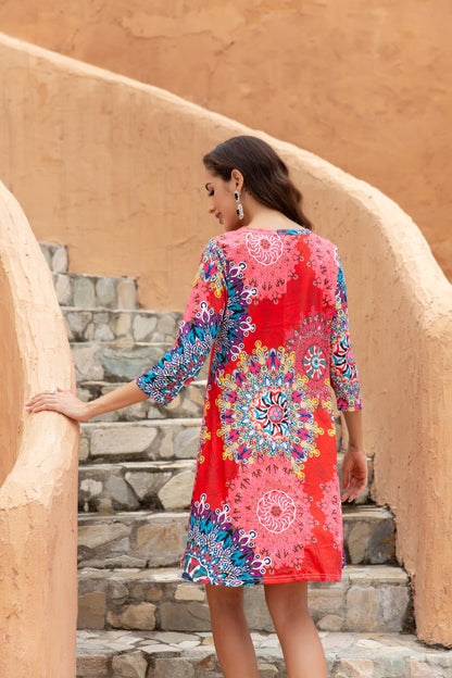 Women's Bateau Neck 3/4 Sleeves A-Line Dress with Exposed Pocket