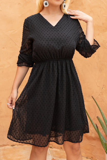 Women Polka Dot V-Neck Ruched Sheer Mesh Long Sleeve Flowy Dress