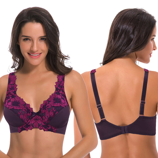 Women's Minimizer Unlined Underwire Bra With Lace Embroidery