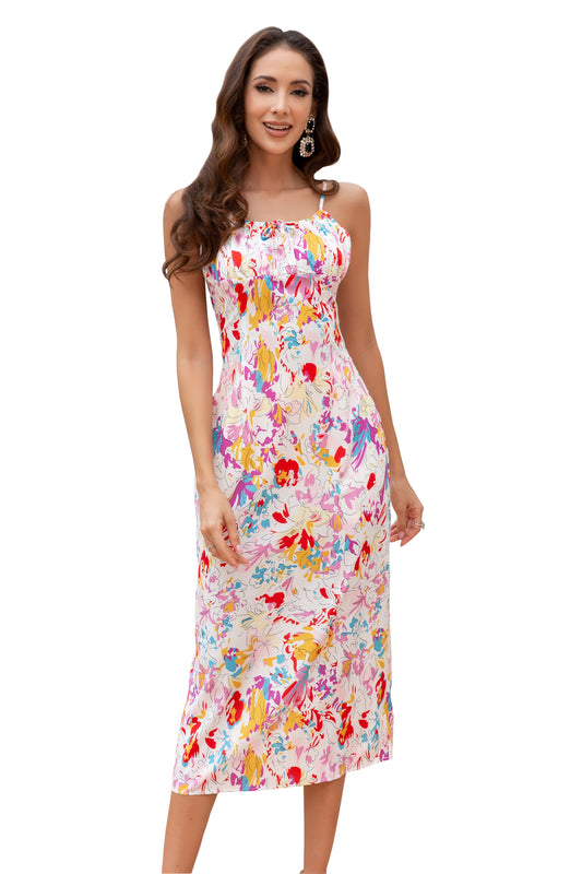 Women Maxi Floral Straight Neck Smocked tied Maxi Dress
