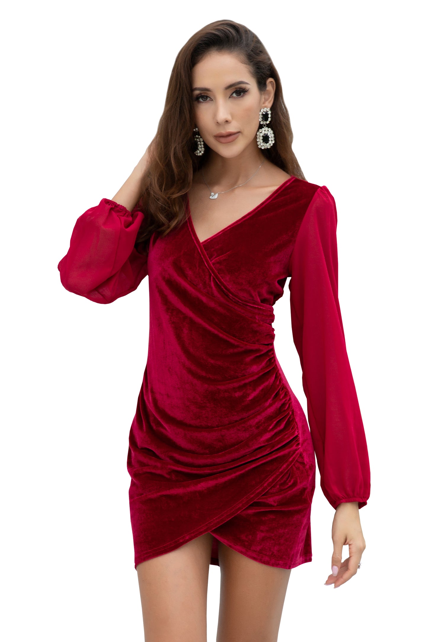 Women Asymmetrical Velvet V-Neck Sheer Chiffon Sleeve Mini Dresses