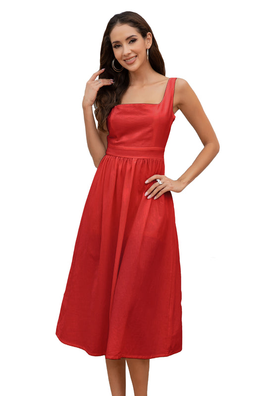 Women's Solid Color Straight Neck Strap Midi Ruffle Dress