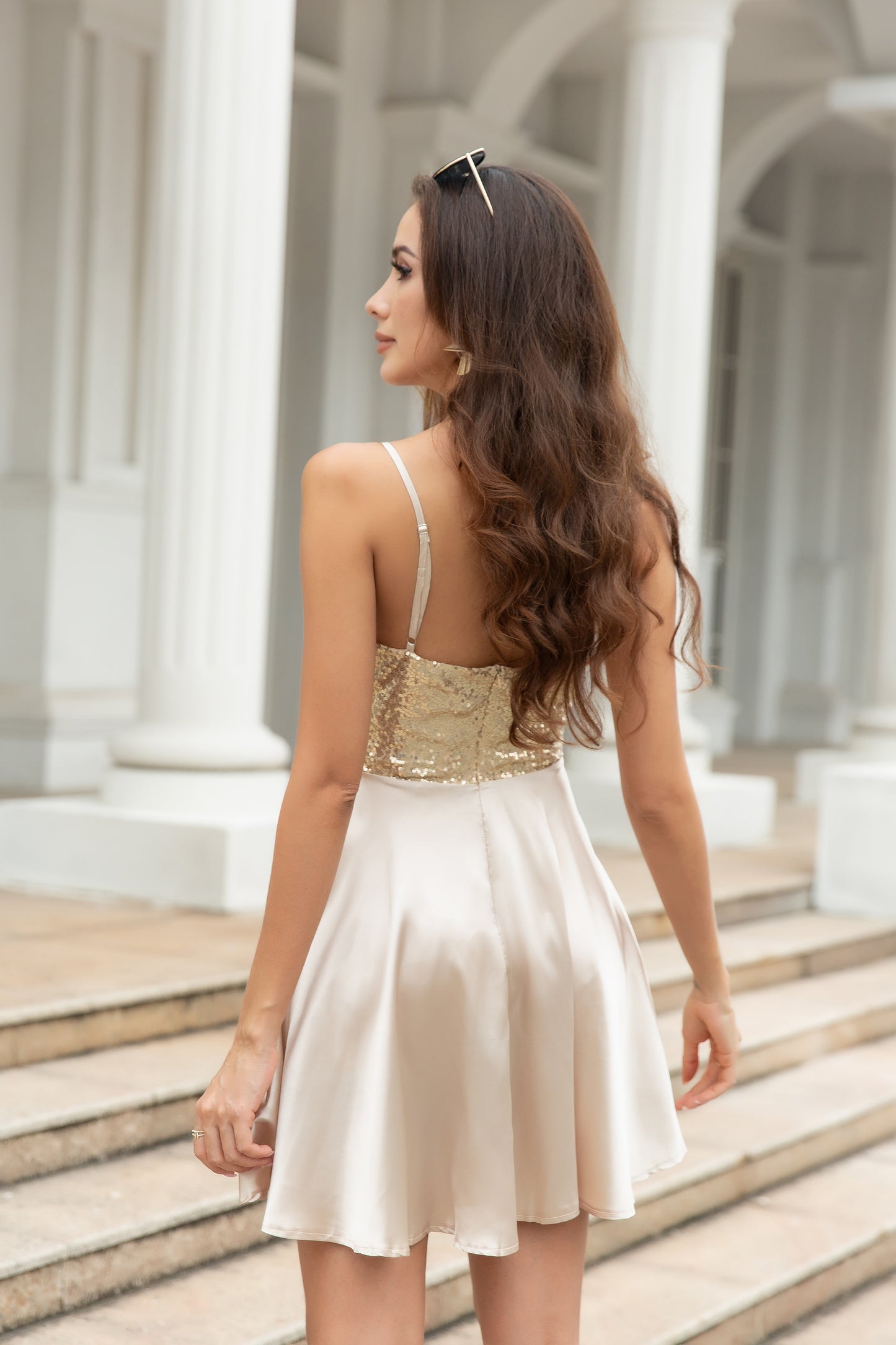 Women Sequin Deep V Neck Spaghetti Strap Bareback Mini Party Dress