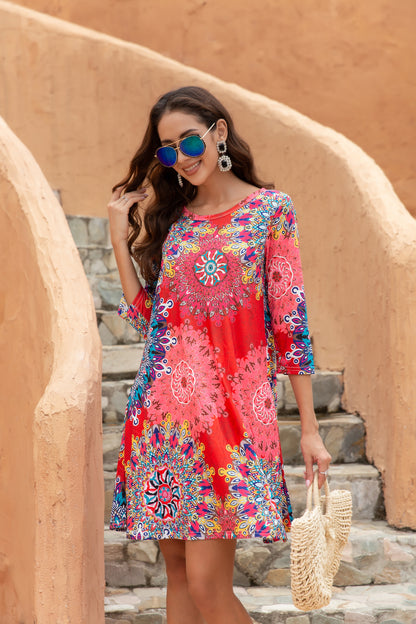 Women's Bateau Neck 3/4 Sleeves A-Line Dress with Exposed Pocket