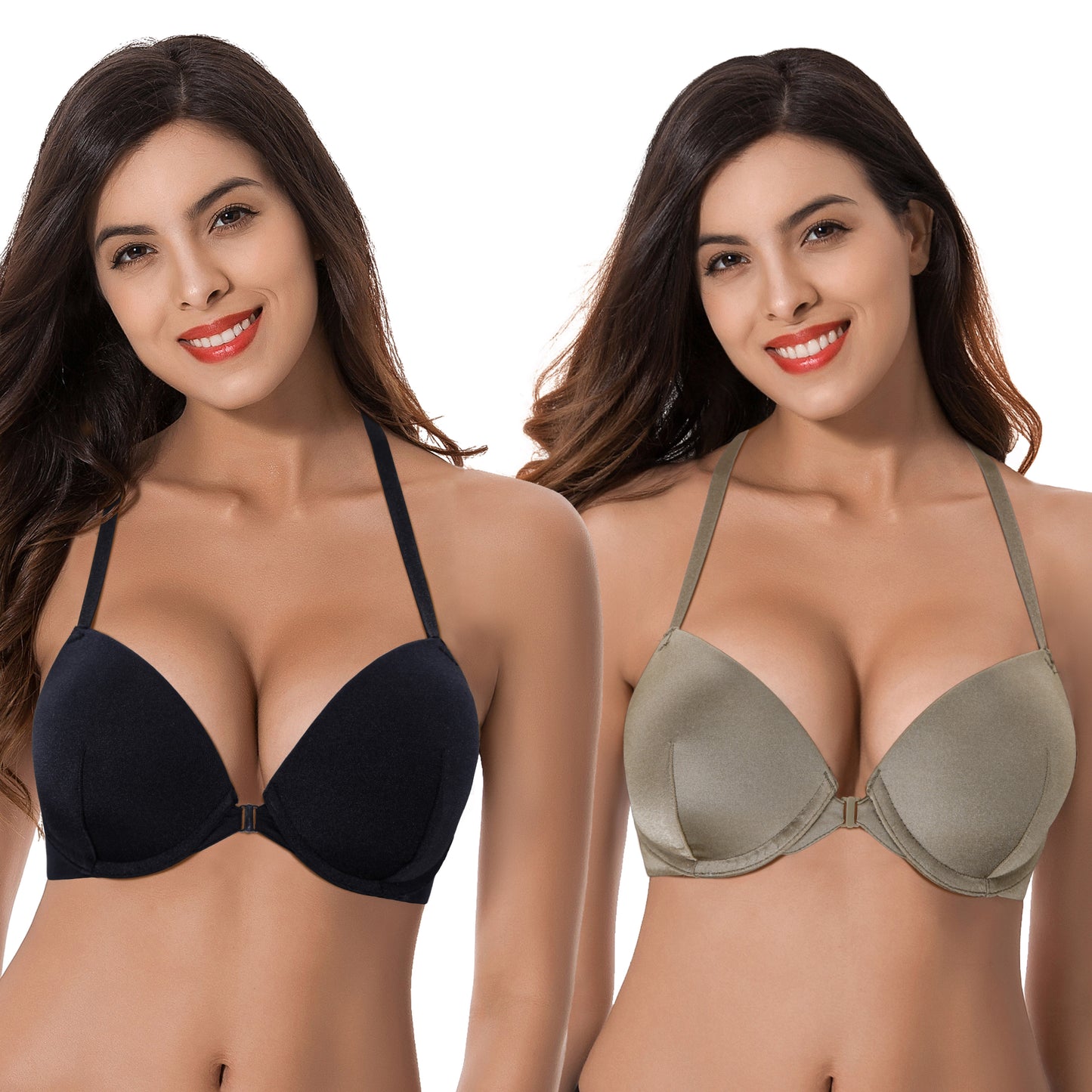 Womens Push Up Add 1 and a half Cup Underwire Halter Front Close Bras