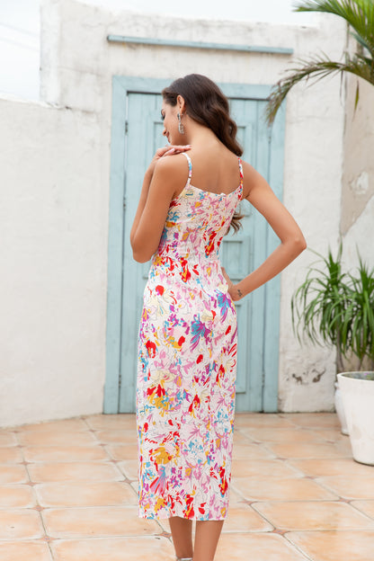 Women Maxi Floral Straight Neck Smocked tied Maxi Dress