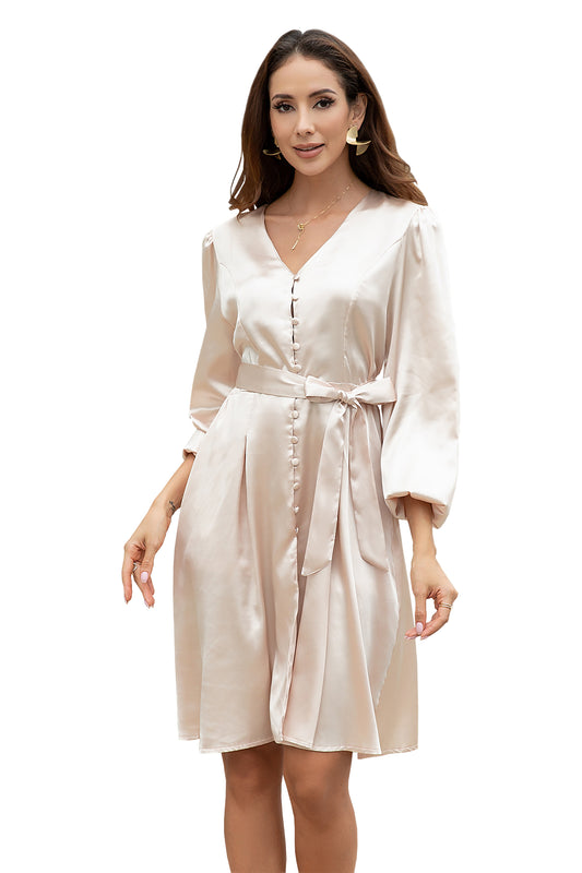 Women's Deep V Neck Lantern Long Bell Sleeve Midi Dress