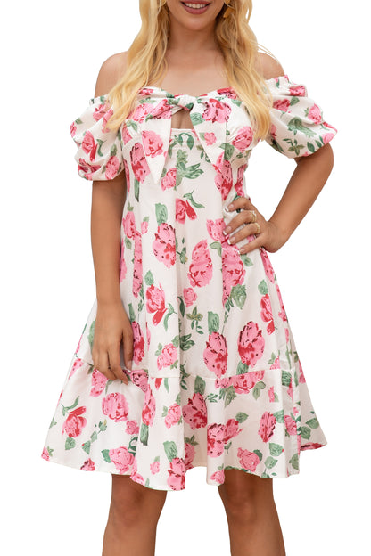 Women's Floral Printed Drapey neck tie Puff Sleeve Short Dress