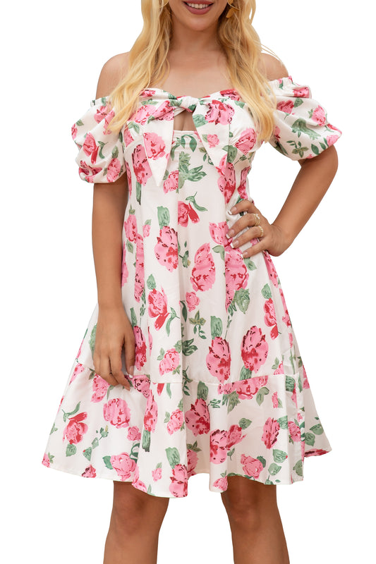 Women's Floral Printed Drapey neck tie Puff Sleeve Short Dress
