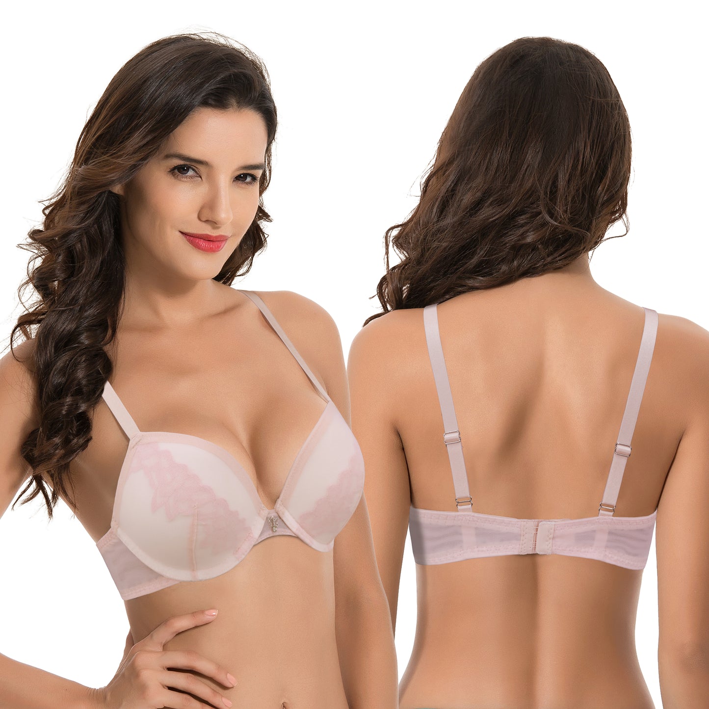 Women Plus Size Underwire Add 1 and a Half Cup Push Up Lace Mesh Bra-2PK-Lt Pink,Brown