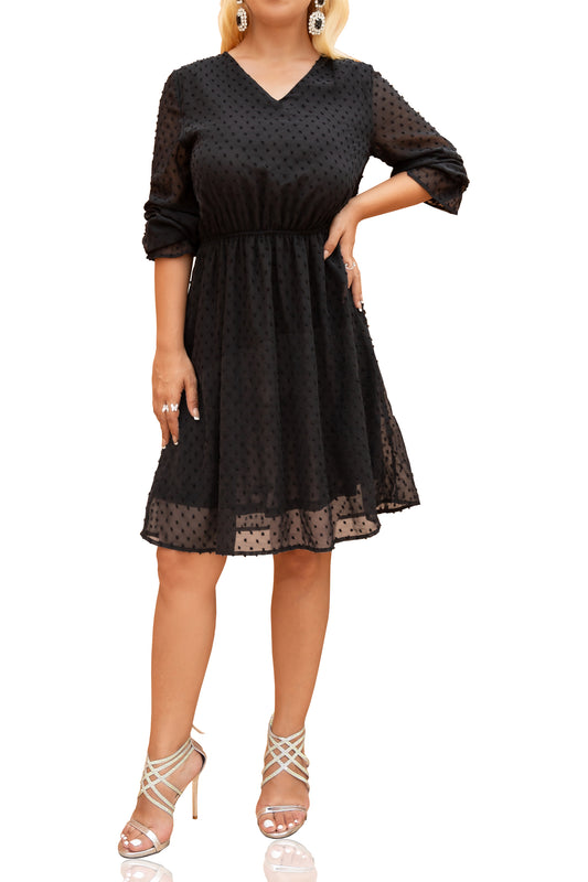 Women Polka Dot V-Neck Ruched Sheer Mesh Long Sleeve Flowy Dress-Black