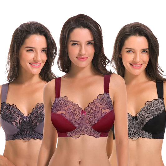 Plus Size Unlined Minimizer Wire Free Bra with Embroidery Lace-3Pack