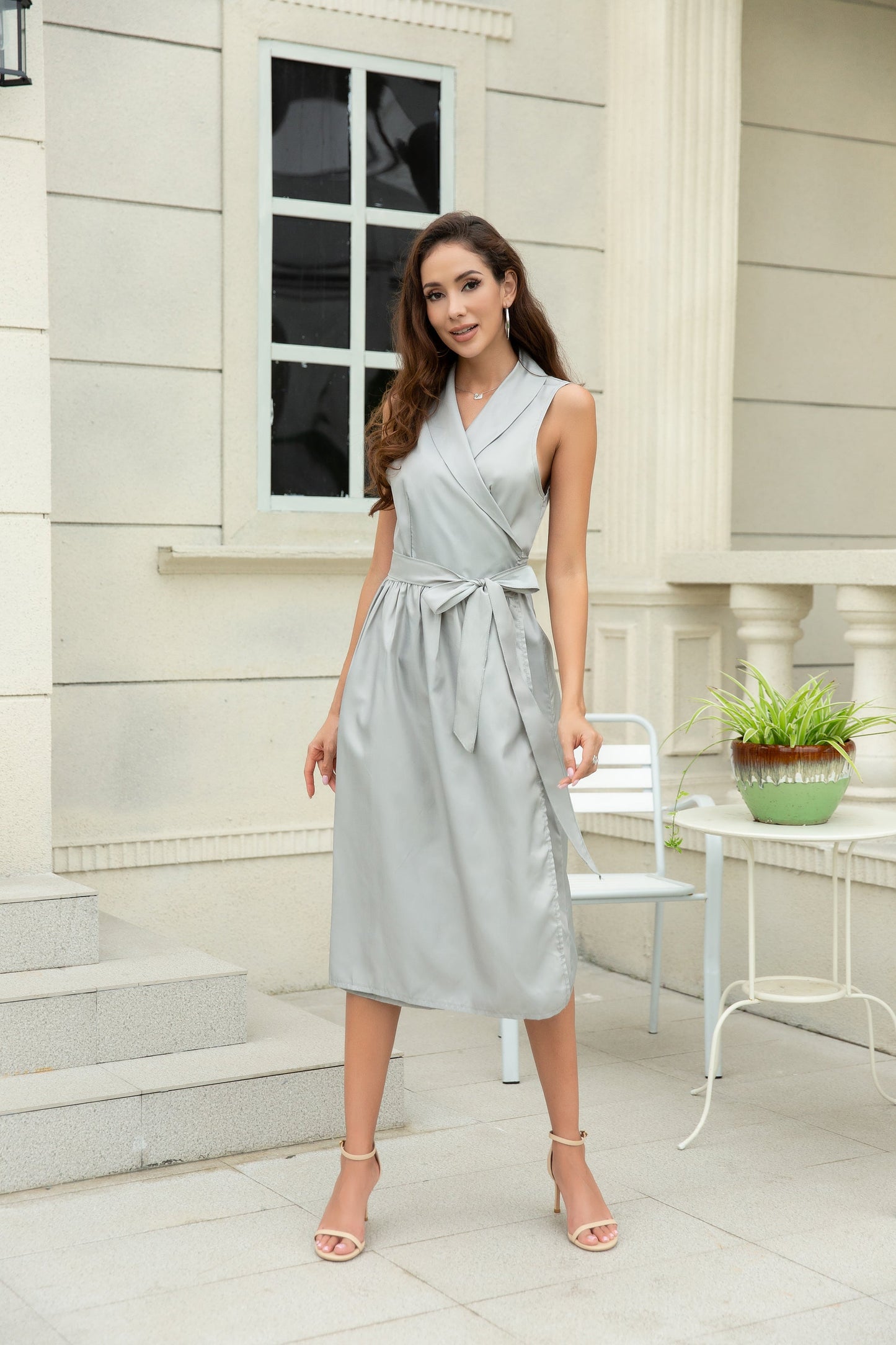 Women's Solid Sleeveless V Neck Tie waist Wrapped Dress