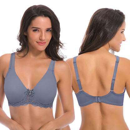 Women's Plus Size Unlined Underwire Lace Bra with Cushion Straps-2PK-NUDE,DUSTY BLUE