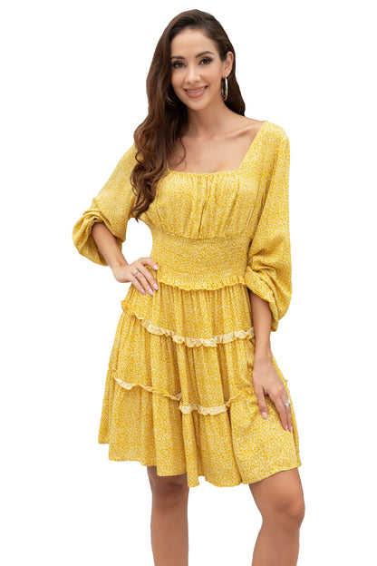 Women Floral Printed Full Length Flared Sleeves Tiers Ruffle Dress