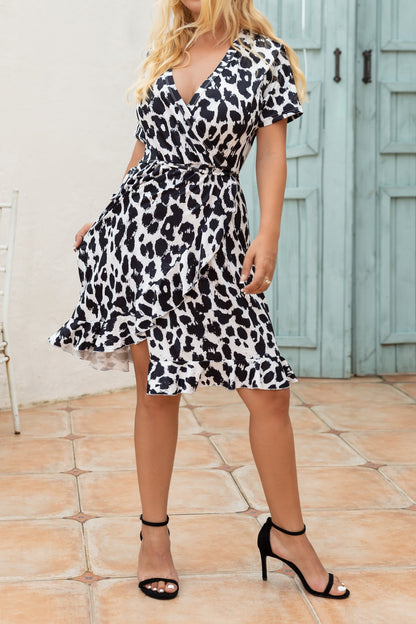 Women printed Leopard V-Neck Short Sleeve Ruffled Hem Mini Dress