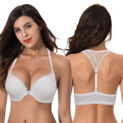 Women's Plus Size Push Up Add 1 Cup Underwire Halter Front Close Bras