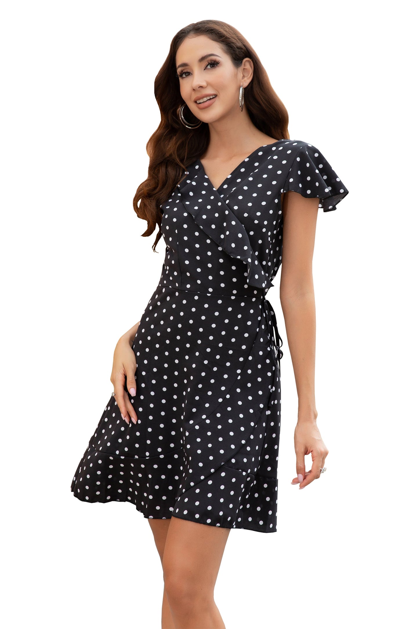 Women's Polka dot V neckline Short Sleeve Ruffle Midi Dress