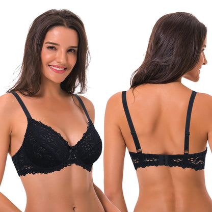 Semi-Sheer Balconette Underwire Lace Bra and Scalloped Hems (2 Pack)