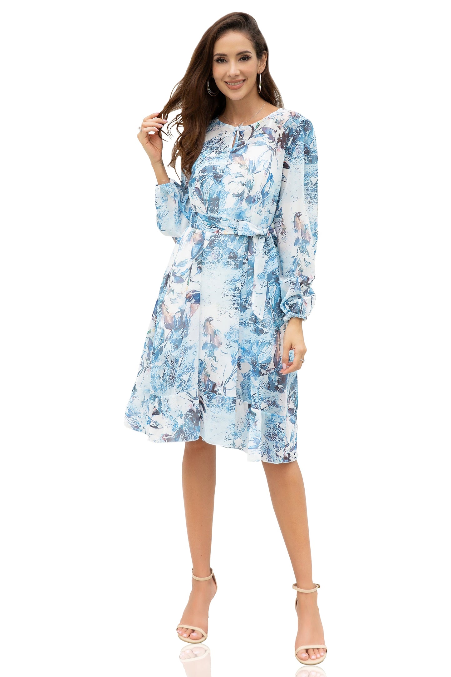 Women's Asymmetrical Cutout Long Sleeve Chiffon Midi Dress