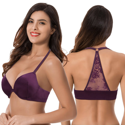 Women's Push Up Add 1 and a half Cup Underwire Halter Front Close Bras