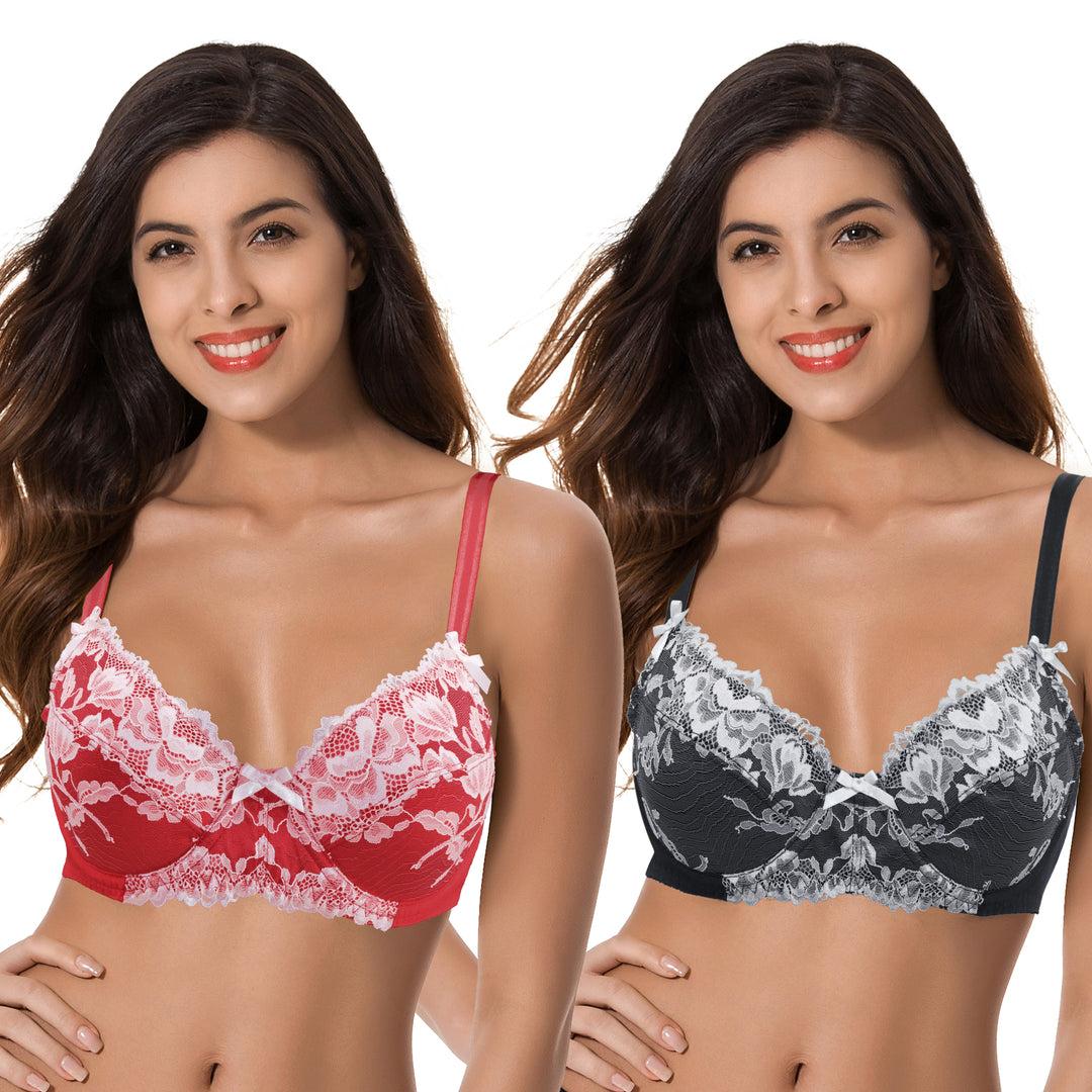 Curve Muse Womens Plus Size Unlined Semi-Sheer Balconette Underwire Lace  Bra-2PK-BLACK,RED