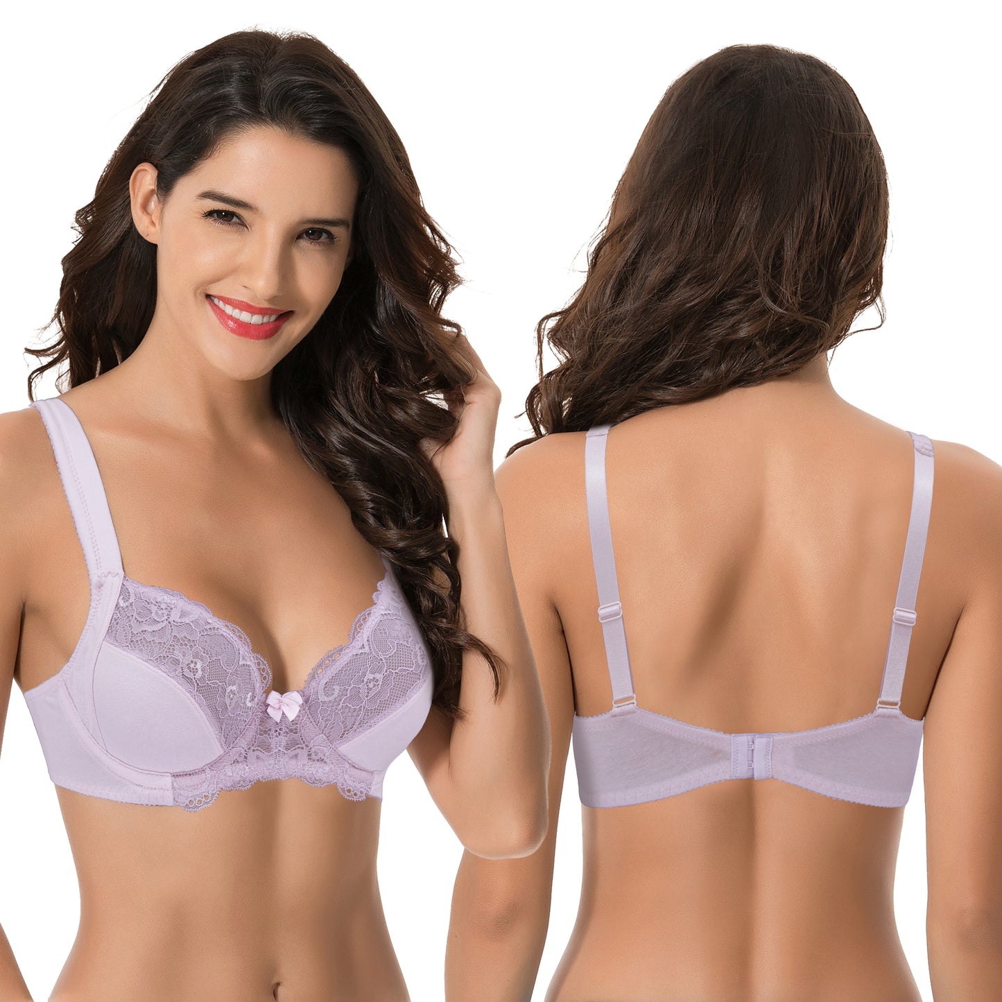 Women's Plus Size Unlined Underwire Lace Bra with Cushion Straps-2PK-White/Red/Lt Gray,Lt Pink