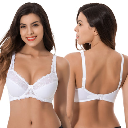 Plus Size Minimizer Underwire Unlined Bra with Embroidery Lace