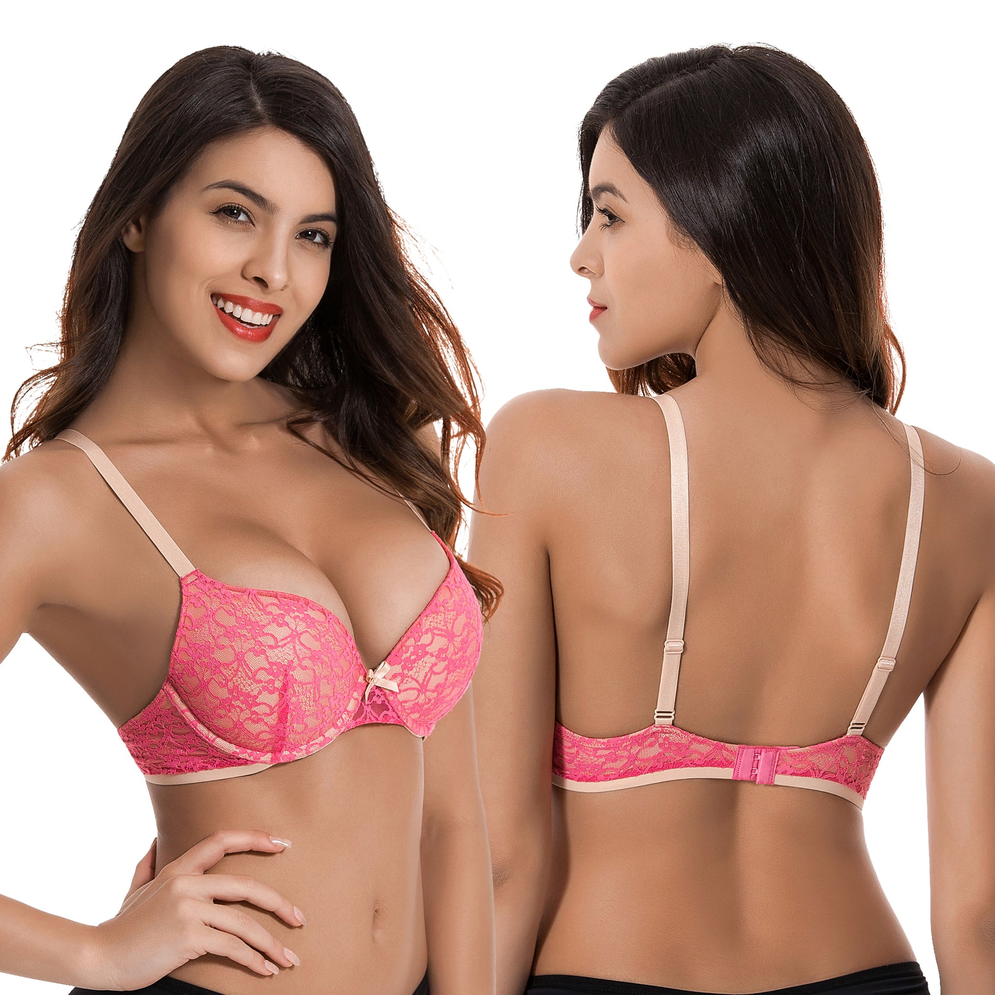 Curve Muse Women's Plus Size Push Up Add 1 Cup Underwire Perfect Shape Lace  Bras-2Pk-Black,Pink-34DDD