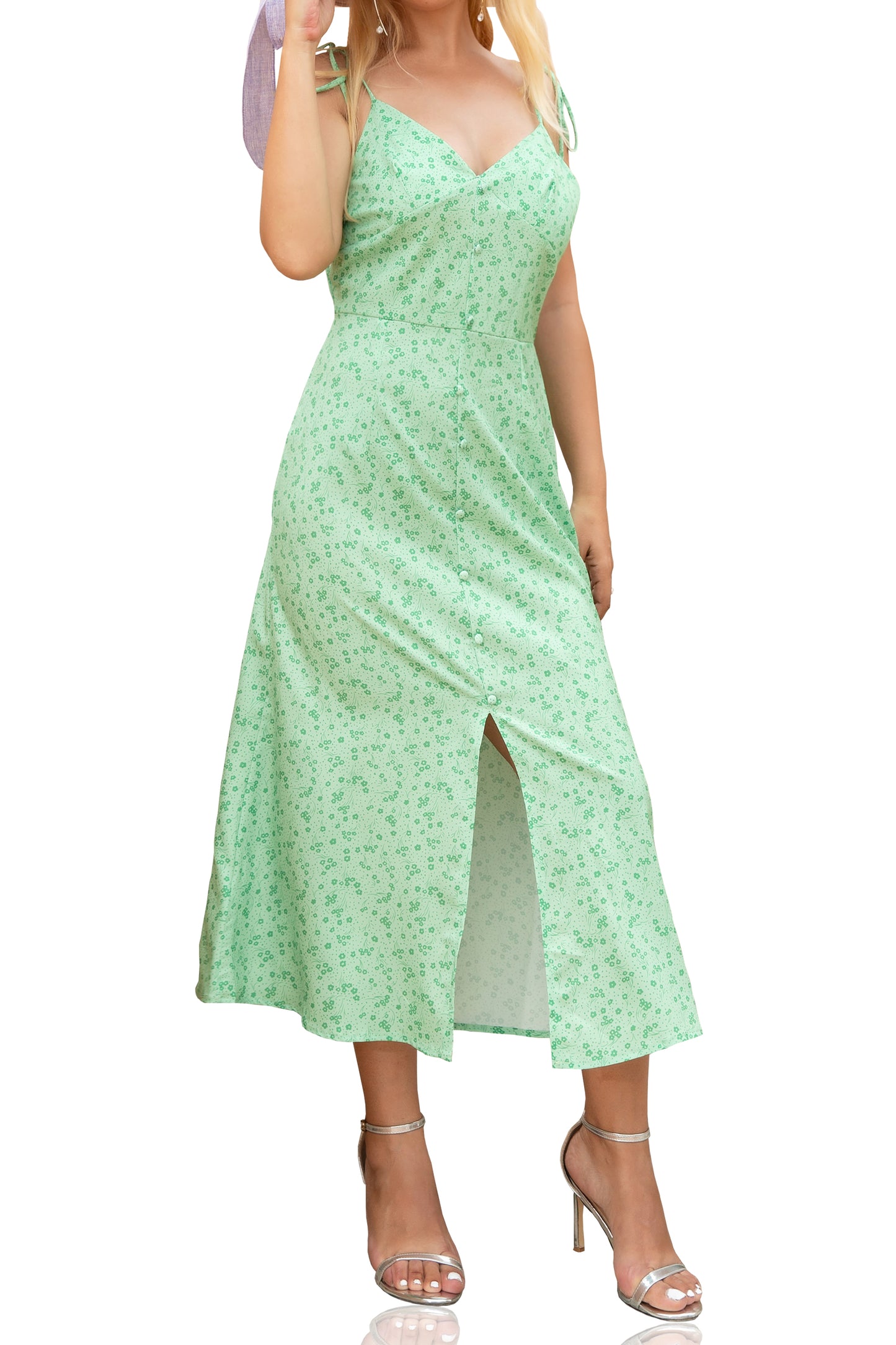 Women Ditsy Floral V-neck Adjustable Strap Side Slit Midi Dress-Green