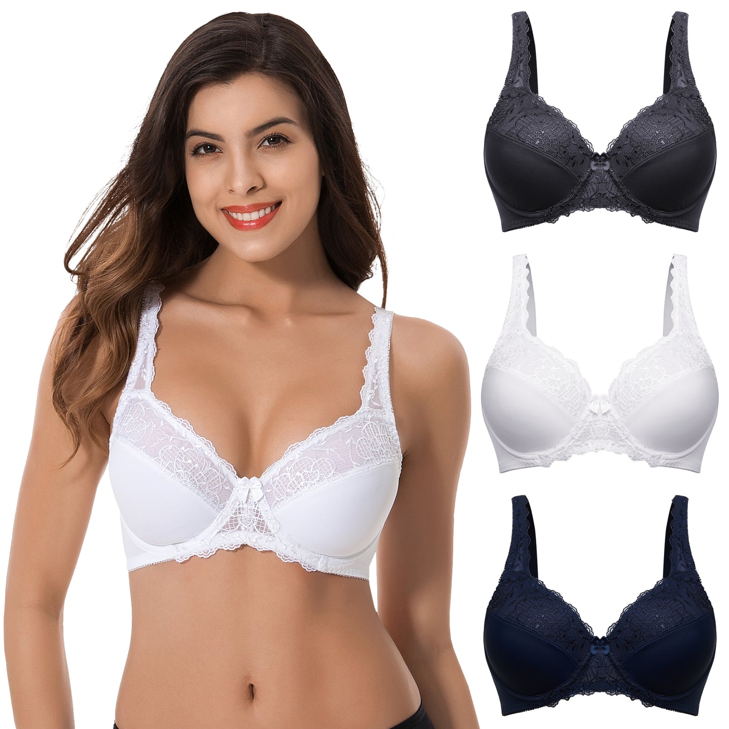 Plus Size Minimizer Underwire Unlined Bra with Embroidery Lace-3Pack