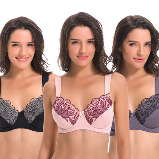 Curve Muse Plus Size Unlined Minimizer Wirefree Bras with Embroidery  Lace-3Pack--BURGUNDY,BLACK,GREY-40DDDD