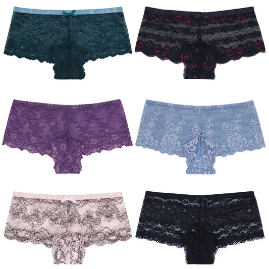 Curve Muse Women's Pack Of 6 Comfort Sheer Lace Tanga Hipster Boyshorts  Panties-Pack AM-S