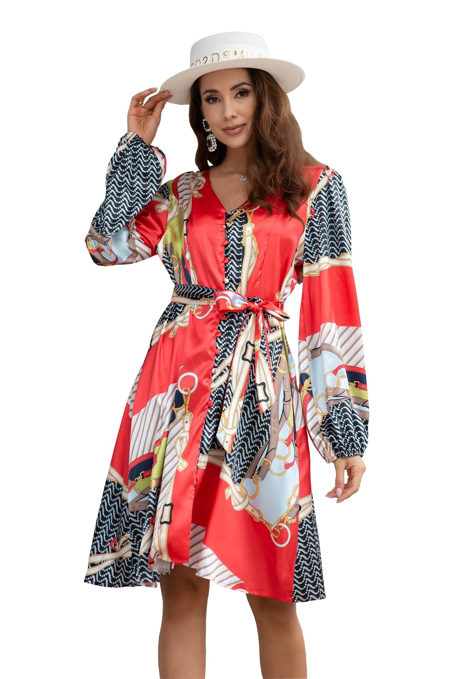 Women's Deep V Neck Lantern Long Bell Sleeve Midi Dress